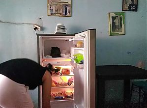 The neighbor discovers me checking her fridge and to distract her I started to compliment her cute body